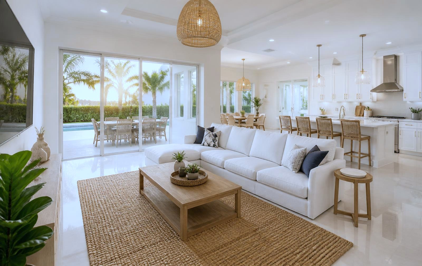 Sunlit, freshly cleaned open-plan living room with clear surfaces