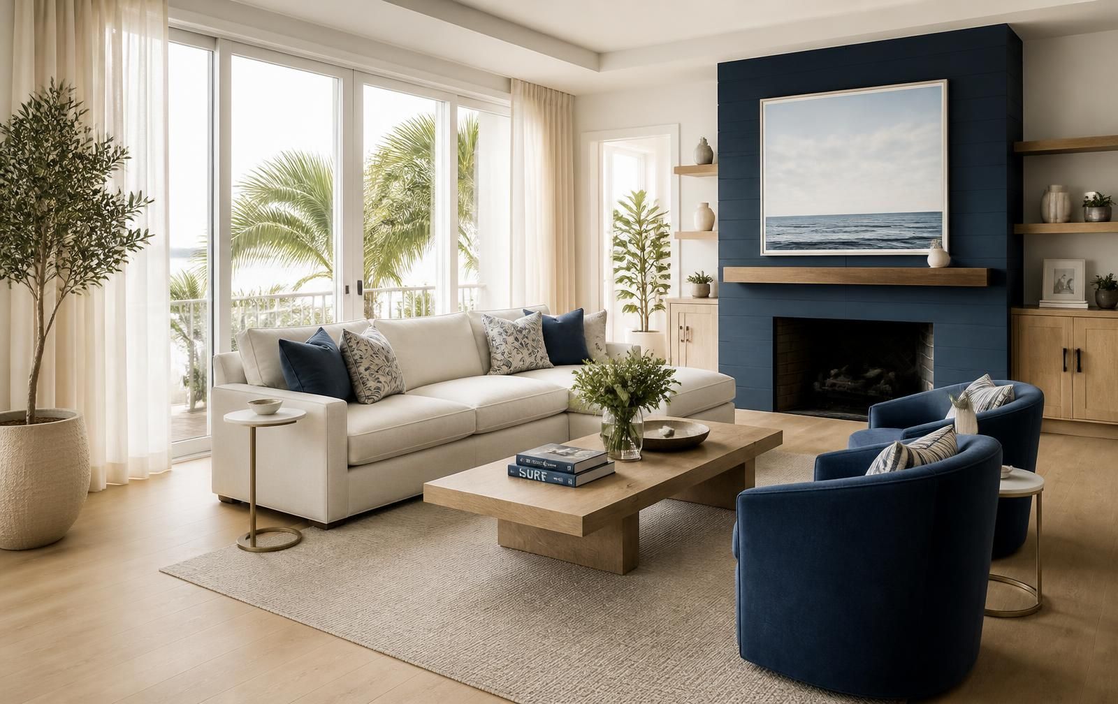 Bright, freshly cleaned coastal living room with clear surfaces and pale oak floors